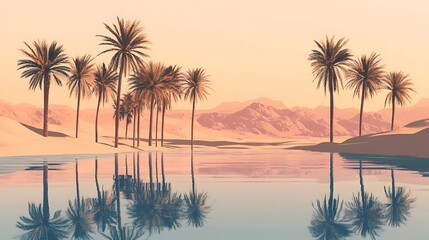 Oasis with palm trees reflecting in calm water at sunset.