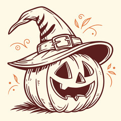 Halloween Pumpkin Head Vintage Vector Jack-o'-Lantern with Witch Hat and Glowing Face – Classic Halloween Design