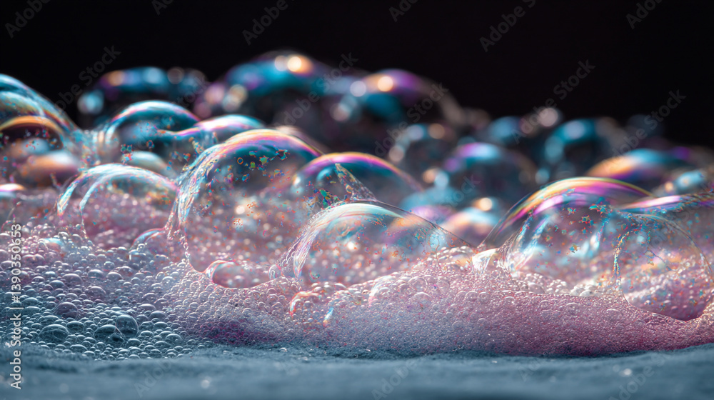 Poster a close up of iridescent soap bubbles with a dark background and pink foam texture visible