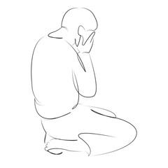 One continuous line art drawing flat illustration person, religion, man, ramadan, islam, allah, muslim, culture, male, prayer. Isolated image hand draw outline on white background