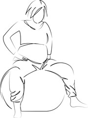 One continuous line art drawing flat illustration mother, pregnant, woman, labor, childbirth, pregnancy, abdomen, indoor, antenatal, ball. Isolated image hand draw outline on white background