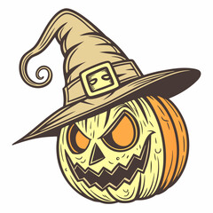 Halloween Pumpkin Head Vintage Vector Jack-o'-Lantern with Witch Hat and Glowing Face – Classic Halloween Design