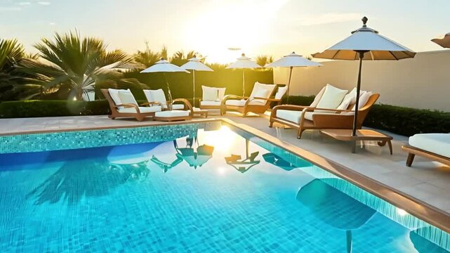 Tranquil Swimming Pool with Lounge Chairs at Sunrise