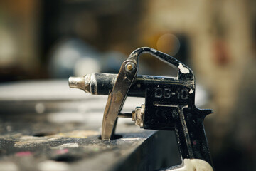 Close-up of metal lathe to work with wood in workshop