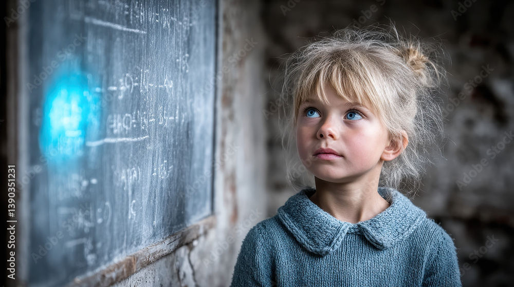 Poster dystopian classroom with children learning from holograms in a ruined building filled with hope and 