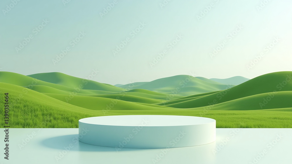 Poster computer generates realistic image circular empty podium standing alone open green landscape rolling