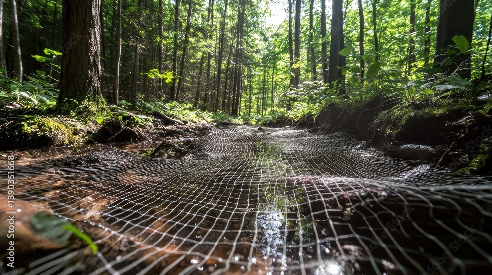 Aufkleber a forest stream covered with a protective white mesh netting
