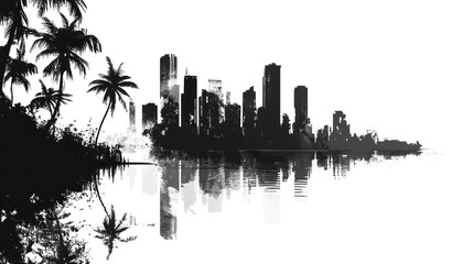 Fototapeta premium Tropical island city skyline reflected in water. Possible use Print design, poster, travel agency