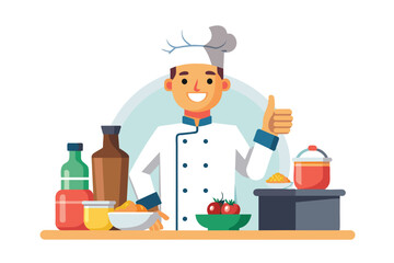 A cartoon chef in a white uniform and hat smiles and gives a thumbs-up while standing in a kitchen with various ingredients.