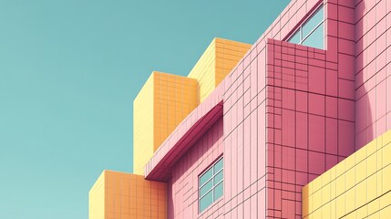 Pastel pink and yellow building facade.