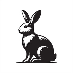 Black Silhouette of a Sitting Rabbit in Profile on White Background