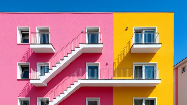 Colorful modern apartment building with pink and yellow facade