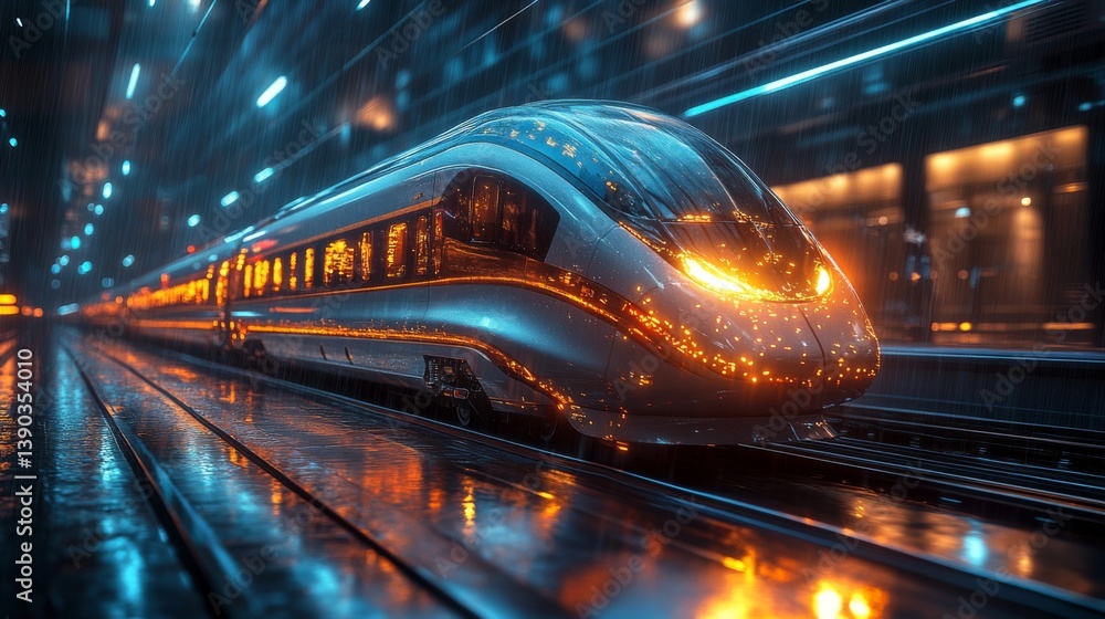 Poster a sleek smart train glides along illuminated tracks in a vibrant urban setting while rain softly fal