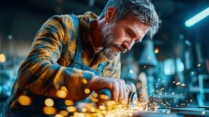 A skilled craftsman meticulously uses a grinder, creating sparks while working with metal.