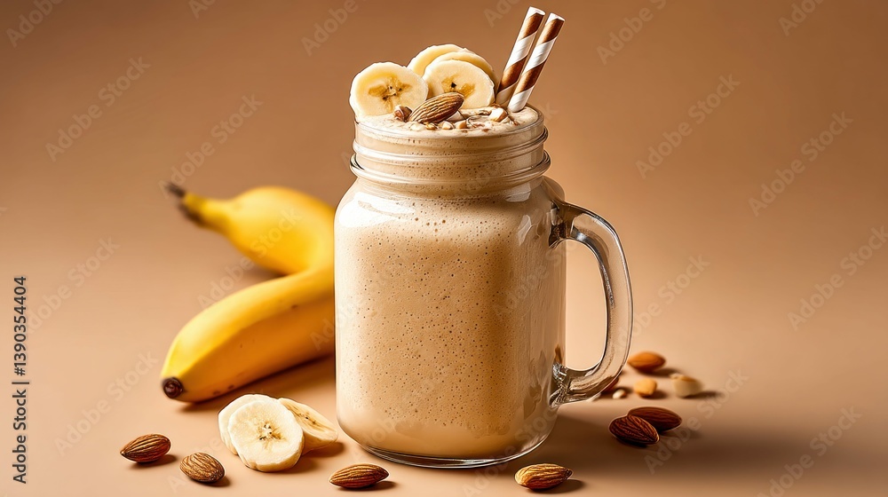 Poster a refreshing banana smoothie in a mason jar, topped with banana slices and almonds.