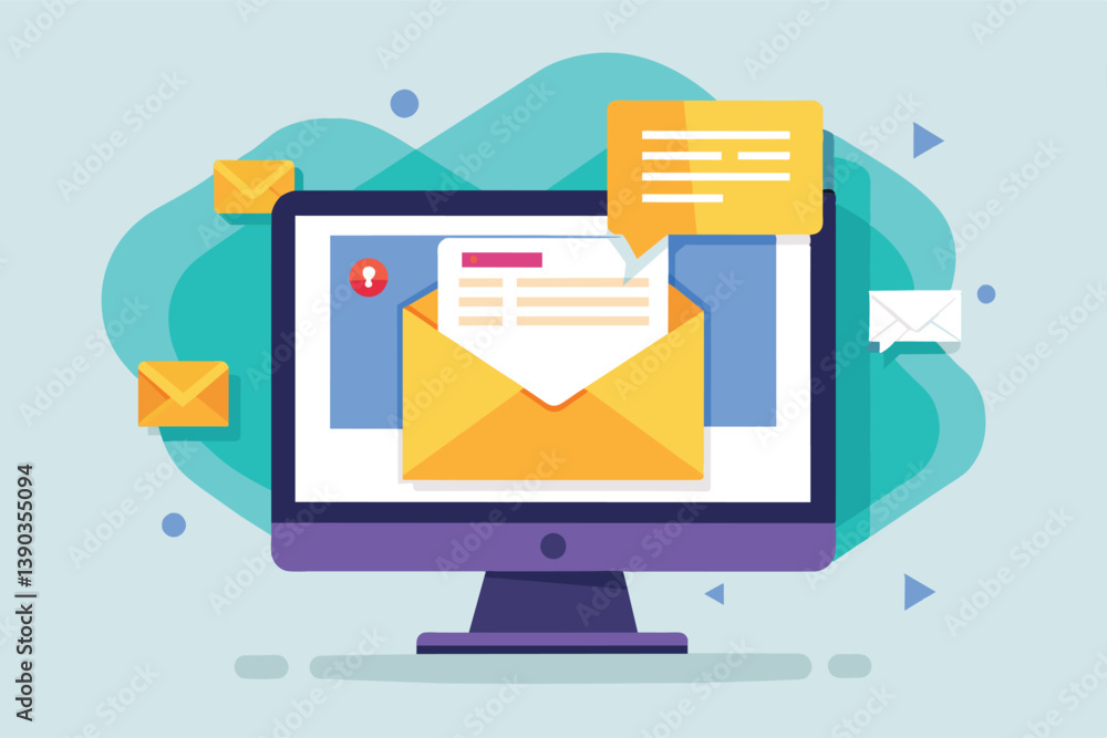 Poster a flat illustration of a computer screen showing an open email with a notification. there are severa