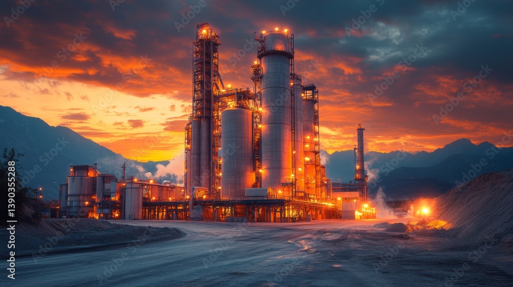 Poster large industrial structure operates in a mountainous area at sunset, featuring illuminated towers an