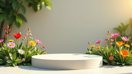 empty podium displays blooming wildflowers natural sunlight organic garden display