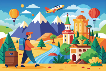 A cartoon illustration of a person walking with a suitcase through a vibrant landscape featuring mountains, a city, an airplane, and hot air balloons.