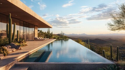 Fototapeta premium Modern Desert Villa with Infinity Pool and Scenic Mountain View at Sunset, Surrounded by Cacti and Lush Landscaping