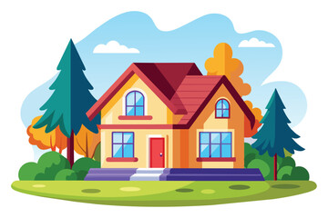 An illustration of a two-story house with a red roof and green trees in a sunny suburban setting.