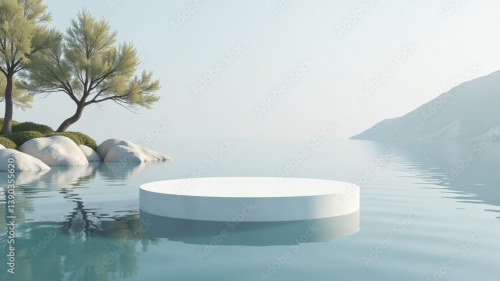 Poster empty podium sits partially submerged calm serene water surrounded minimalist