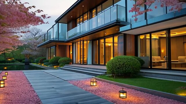 Modern Home with Illuminated Pathway and Spring Blossoms