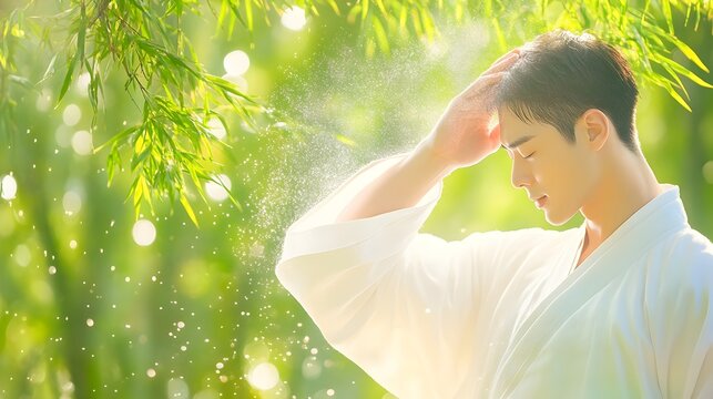A man is meditating in a park with trees in the background