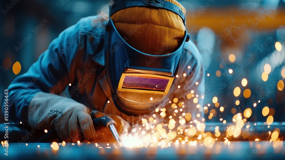 Aufkleber a welder is working with a torch, creating sparks and bright lights in the industrial workshop.