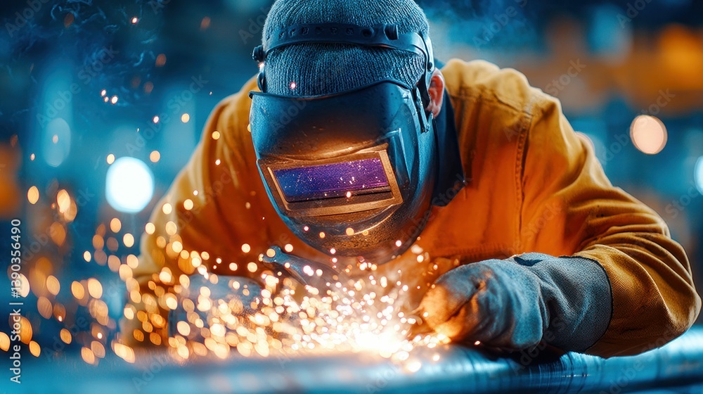 Aufkleber a welder in action, creating sparks and light while working on metal structure.