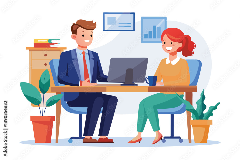 Poster a businessman and a woman are sitting at a desk in an office, discussing something with a computer s