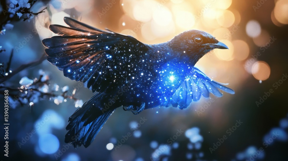 Poster an image shows a fantastical bird with starry elements in flight