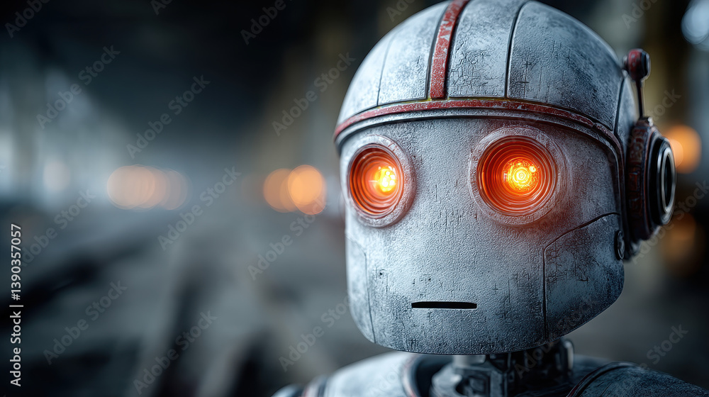 Poster humanoid robot with glowing red eyes stands victorious over a destroyed control center in an ai rebe