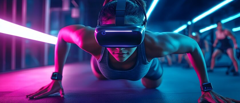 A woman is doing a push up while wearing a virtual reality headset - Powered by Adobe