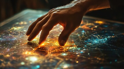 Human hand touching a digital map representing interconnected data points