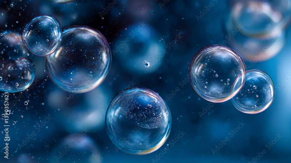 Poster close up shot of several translucent bubbles floating against a blurred blue background with light