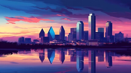 Obraz premium Vibrant city skyline reflected in calm water at sunset.