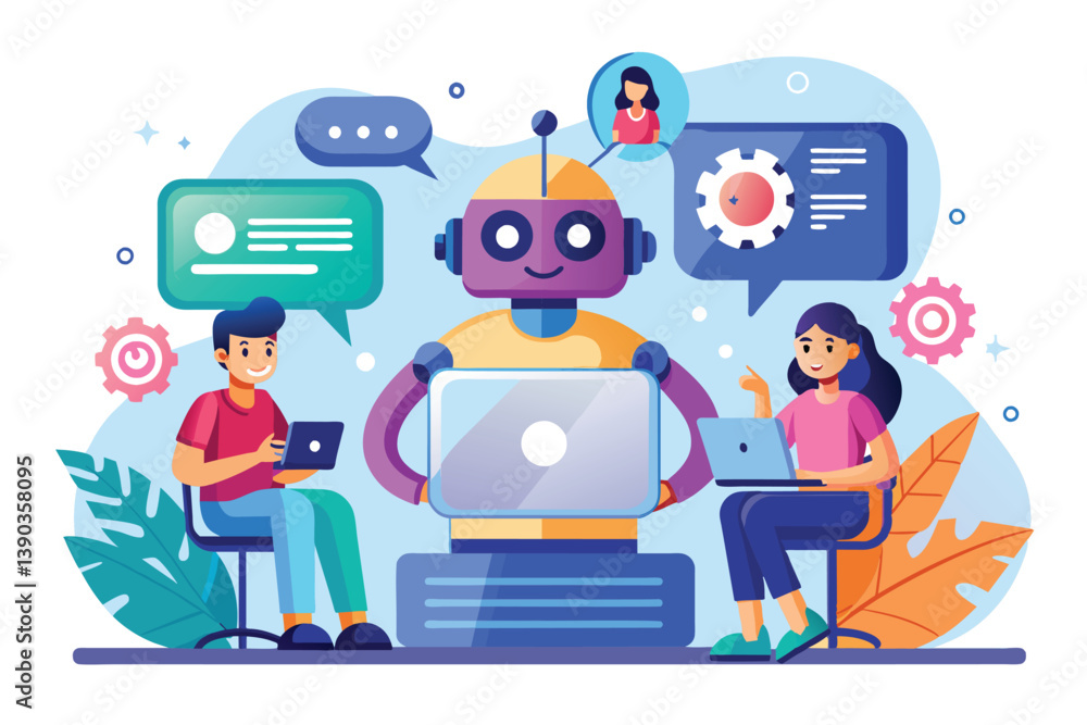 Poster illustration of a laptop robot helping two people also using laptops. speech bubbles around the robo