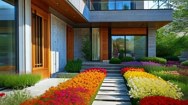 Contemporary House with Colorful Garden Entrance