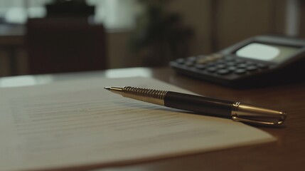 Elegant fountain pen rests on a document beside a calculator in dim light