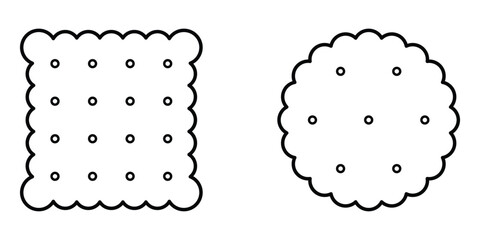 Square and round cracker cookies vector icon set. Outline biscuit illustrations with scalloped decorative edges and holes. Black line art for bakery, dessert, pastry, and snack design.