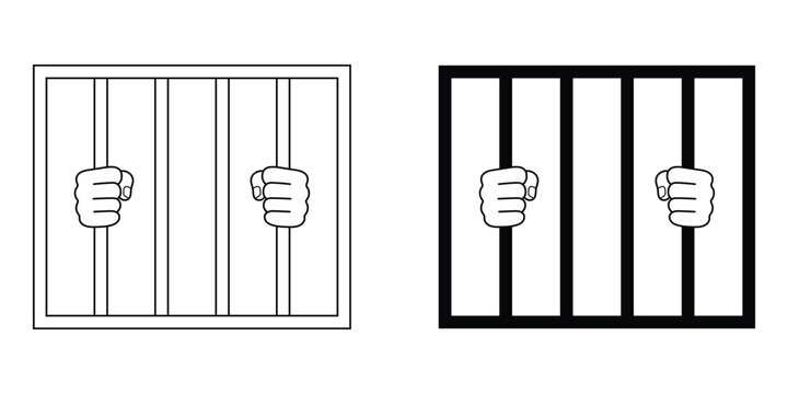 Prison bars with hands vector illustration set. Jail cell line art with clenched fists behind bars. Black and white outline icons for crime, law, punishment, and justice concepts.
