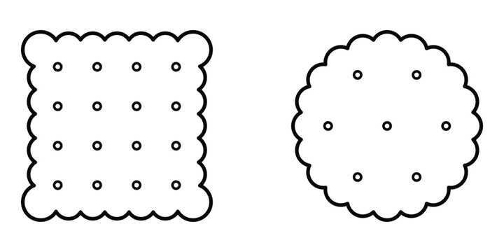 Square and round cracker cookies vector icon set. Outline biscuit illustrations with scalloped decorative edges and holes. Black line art for bakery, dessert, pastry, and snack design.