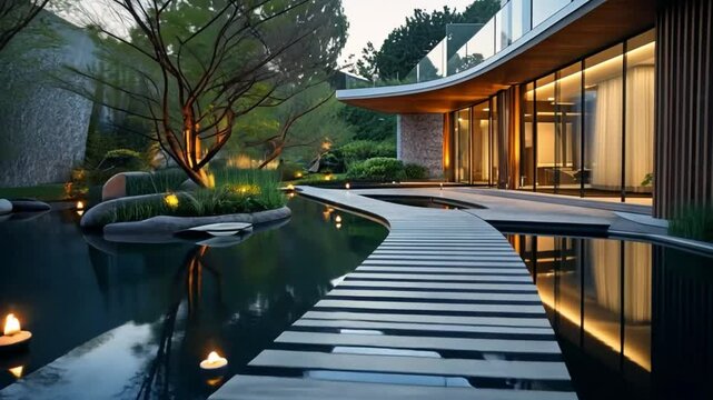 Modern Villa with Reflecting Pool and Lush Greenery