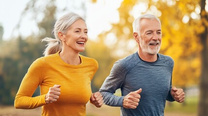 Running exercise for seniors park lifestyle image autumn side view healthy living