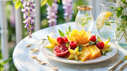 Exotischer Früchteteller mit Mango, Granatapfel und Himbeeren auf sommerlich gedecktem Tisch
