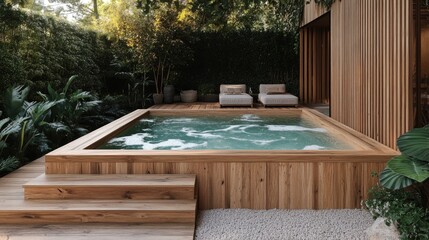 Serene Outdoor Jacuzzi Surrounded by Lush Greenery and Modern Wood Decking in a Tranquil Garden Setting