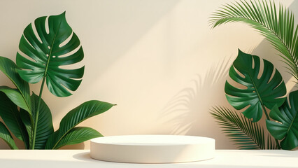 Fototapeta premium fashion model poses tropical backdrop palm leaves monstera plant empty summer setting product