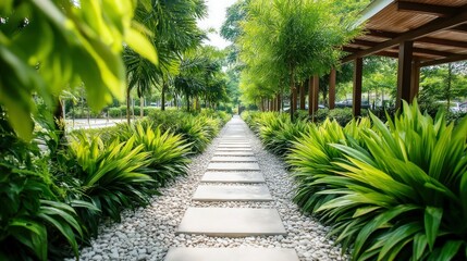 A stone pathway through a lush, green garden creates a serene, natural outdoor scene.