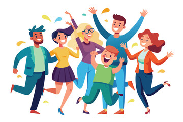 A cartoon illustration of a diverse group of six friends celebrating and having fun together. They are jumping and laughing as confetti falls around them.